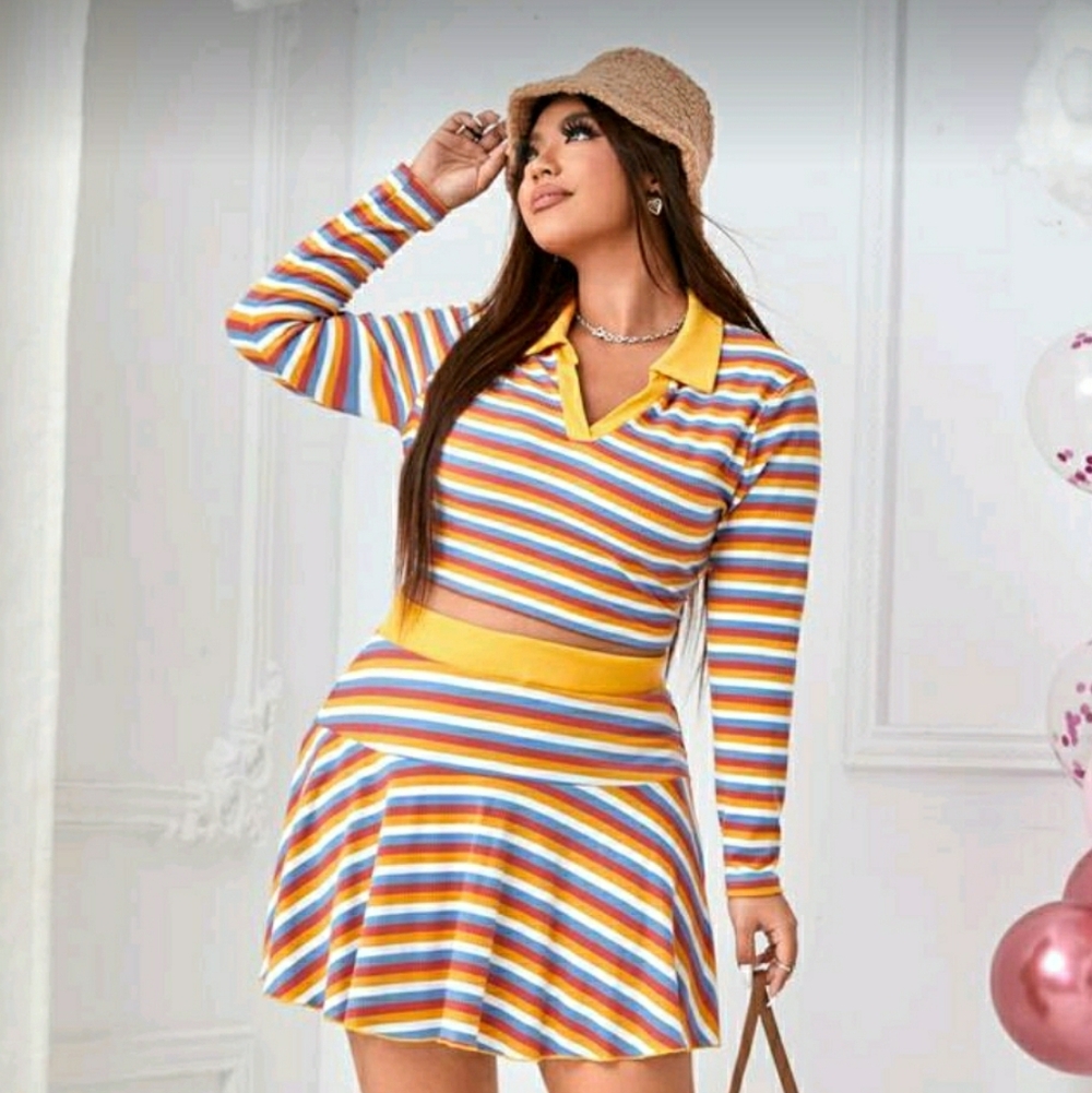 Unity Plus Striped Crop Top And Flare Skirt